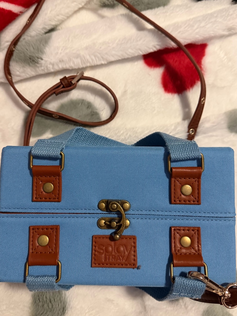 Splay Tray Blue Canvas Bag with Brown Trim